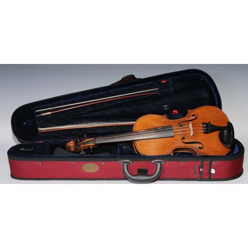 1366 - A German violin, the two-piece back 35.5cm long excluding button, paper Jacobus Augustus label, outl... 