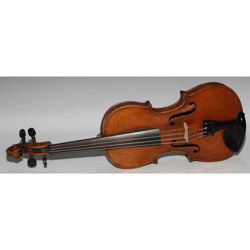 1366 - A German violin, the two-piece back 35.5cm long excluding button, paper Jacobus Augustus label, outl... 