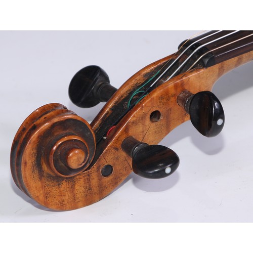 1366 - A German violin, the two-piece back 35.5cm long excluding button, paper Jacobus Augustus label, outl... 