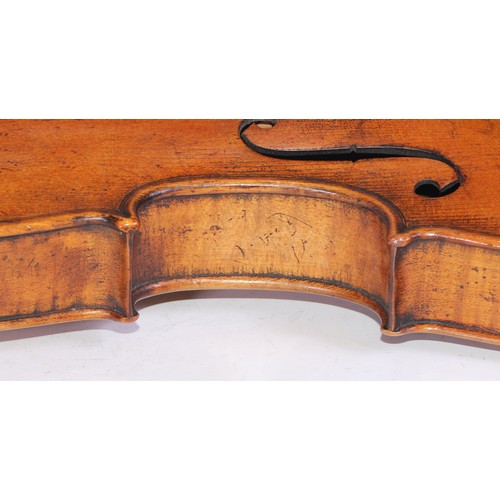 1366 - A German violin, the two-piece back 35.5cm long excluding button, paper Jacobus Augustus label, outl... 