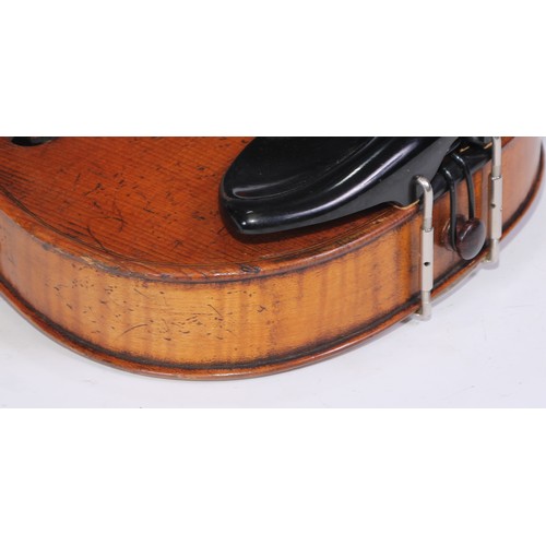 1366 - A German violin, the two-piece back 35.5cm long excluding button, paper Jacobus Augustus label, outl... 