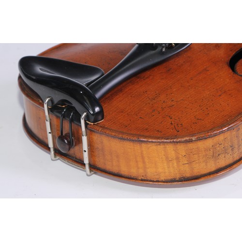 1366 - A German violin, the two-piece back 35.5cm long excluding button, paper Jacobus Augustus label, outl... 