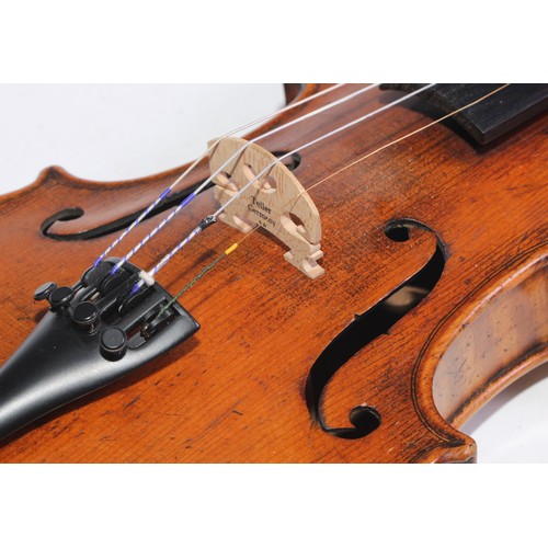 1366 - A German violin, the two-piece back 35.5cm long excluding button, paper Jacobus Augustus label, outl... 