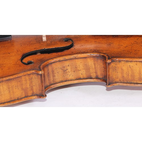 1366 - A German violin, the two-piece back 35.5cm long excluding button, paper Jacobus Augustus label, outl... 