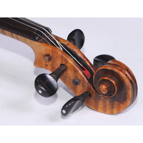 1366 - A German violin, the two-piece back 35.5cm long excluding button, paper Jacobus Augustus label, outl... 