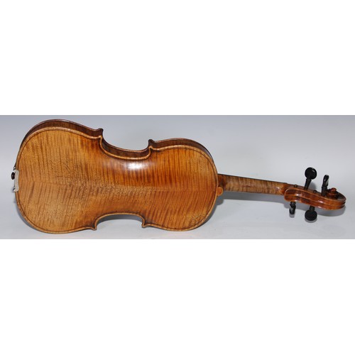 1366 - A German violin, the two-piece back 35.5cm long excluding button, paper Jacobus Augustus label, outl... 