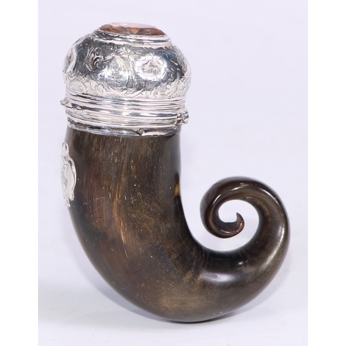 1290 - A 19th century Scottish silver coloured metal mounted horn snuff mull, hinged cover set with a stone... 