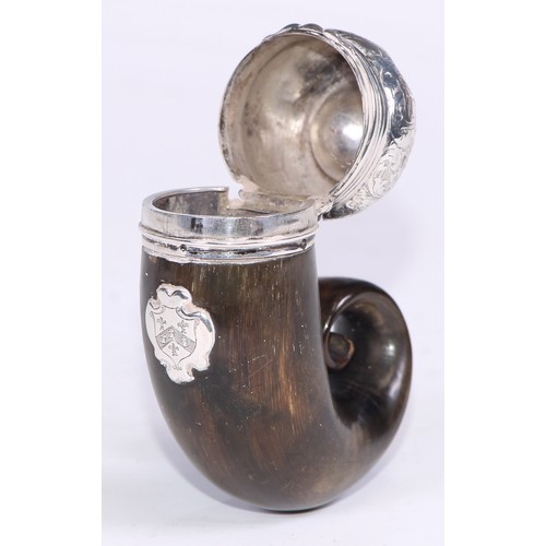 1290 - A 19th century Scottish silver coloured metal mounted horn snuff mull, hinged cover set with a stone... 