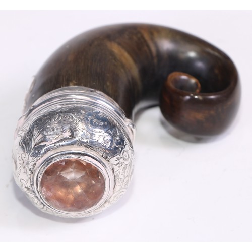 1290 - A 19th century Scottish silver coloured metal mounted horn snuff mull, hinged cover set with a stone... 