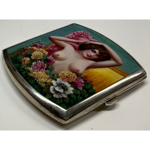 1285 - An early 20th century enamel and alpacca cigarette case, hinged cover with an erotic portrait of a y... 