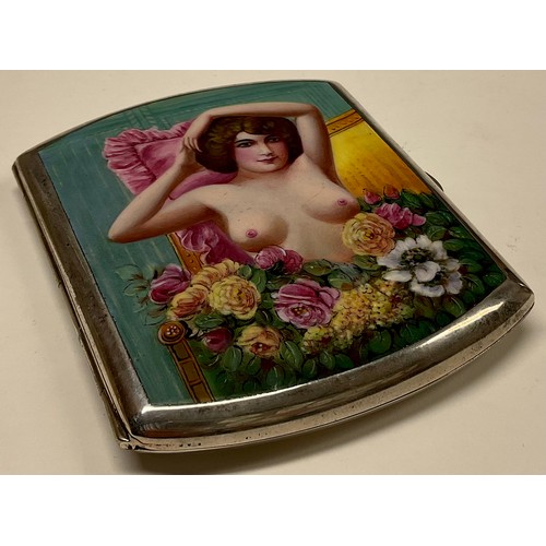 1285 - An early 20th century enamel and alpacca cigarette case, hinged cover with an erotic portrait of a y... 