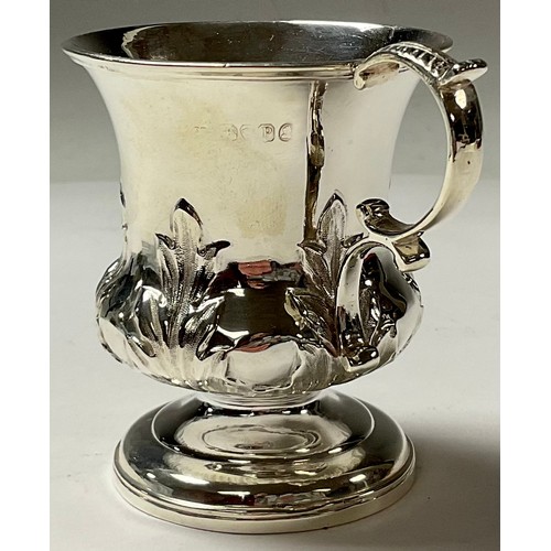 179 - A George/William IV silver campana christening cup, chased with stiff leaves, acanthus capped double... 