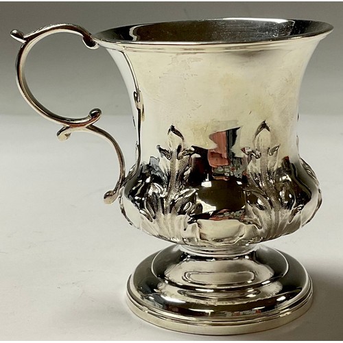 179 - A George/William IV silver campana christening cup, chased with stiff leaves, acanthus capped double... 