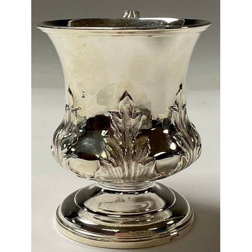 179 - A George/William IV silver campana christening cup, chased with stiff leaves, acanthus capped double... 