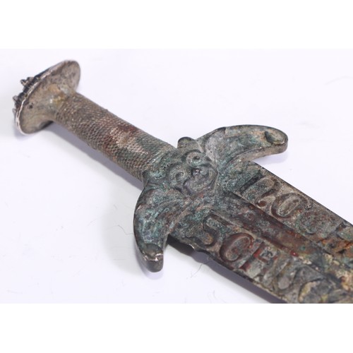 181 - A German silver miniature sword, the tapered blade with inscription, mask to guard, the pommel forme... 