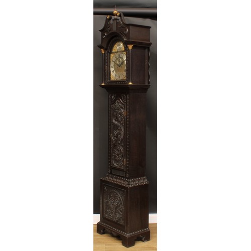 2134 - An oak longcase clock, 30.5cm arched brass dial inscribed Pidduck, Hanley, silvered chapter ring wit... 