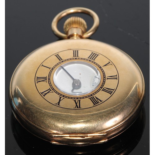 406 - An 18ct gold half-hunter pocket watch, 4cm enamel dial inscribed J W Benson, keyless movement, 7cm o... 