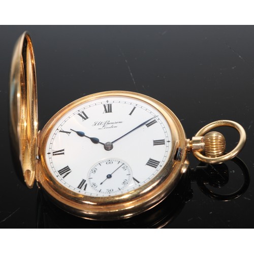 406 - An 18ct gold half-hunter pocket watch, 4cm enamel dial inscribed J W Benson, keyless movement, 7cm o... 