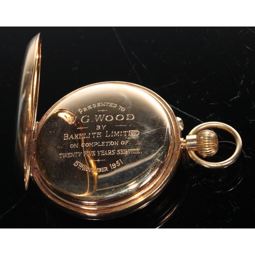 406 - An 18ct gold half-hunter pocket watch, 4cm enamel dial inscribed J W Benson, keyless movement, 7cm o... 