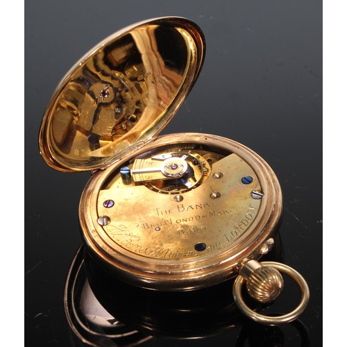 406 - An 18ct gold half-hunter pocket watch, 4cm enamel dial inscribed J W Benson, keyless movement, 7cm o... 