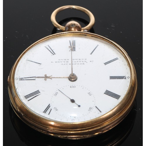 405 - A Victorian 18ct gold open face pocket watch, Owen Owens, 4 South Castle Street, Liverpool, white en... 