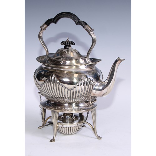 75 - A six piece EPNS stop fluted tea service comprising tray, tea kettle and stand, coffee pot, tea pot,... 