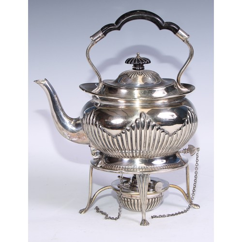 75 - A six piece EPNS stop fluted tea service comprising tray, tea kettle and stand, coffee pot, tea pot,... 