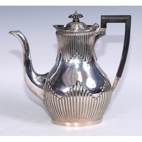 75 - A six piece EPNS stop fluted tea service comprising tray, tea kettle and stand, coffee pot, tea pot,... 