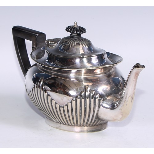 75 - A six piece EPNS stop fluted tea service comprising tray, tea kettle and stand, coffee pot, tea pot,... 