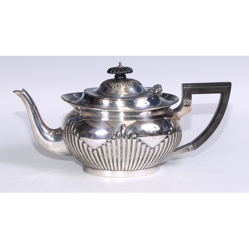 75 - A six piece EPNS stop fluted tea service comprising tray, tea kettle and stand, coffee pot, tea pot,... 