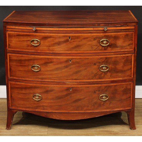 1777 - A Regency satinwood banded mahogany bowfront chest, slightly oversailing top above a slide and three... 