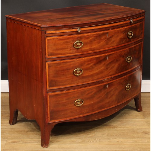 1777 - A Regency satinwood banded mahogany bowfront chest, slightly oversailing top above a slide and three... 