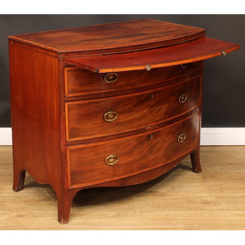 1777 - A Regency satinwood banded mahogany bowfront chest, slightly oversailing top above a slide and three... 