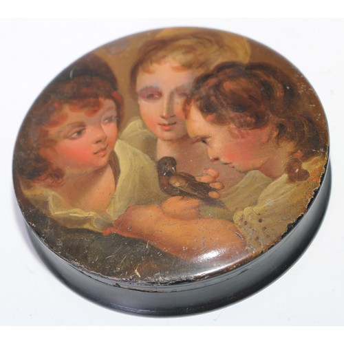 1288 - A 19th century papier mache circular table snuff box, the push-fitting cover painted with three chil... 