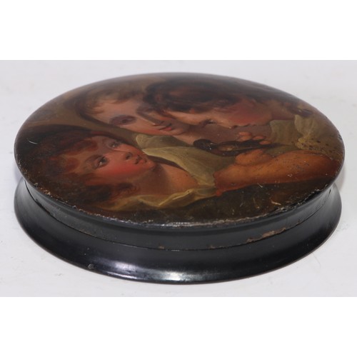 1288 - A 19th century papier mache circular table snuff box, the push-fitting cover painted with three chil... 