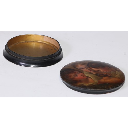 1288 - A 19th century papier mache circular table snuff box, the push-fitting cover painted with three chil... 