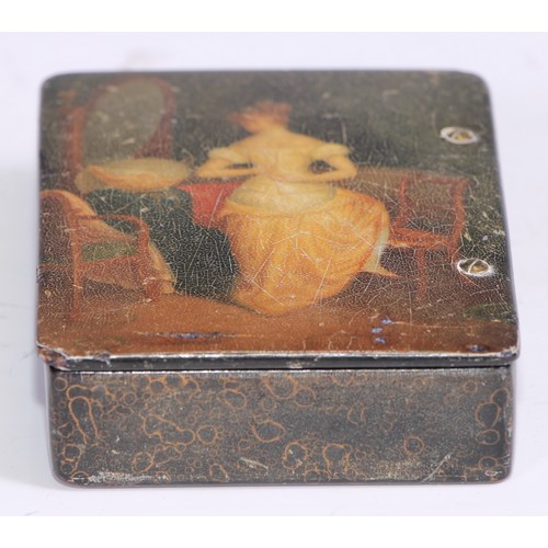 1286 - A 19th century French papier mache rounded rectangular erotic snuff box, Le Corset, the hinged cover... 