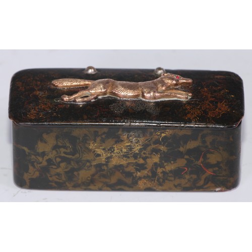 1289 - A 19th century papier mache rectangular snuff box, hinged cover applied with a gilt metal fox, ruby ... 