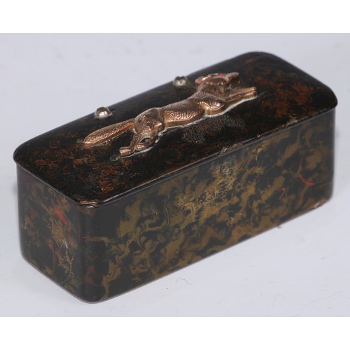 1289 - A 19th century papier mache rectangular snuff box, hinged cover applied with a gilt metal fox, ruby ... 