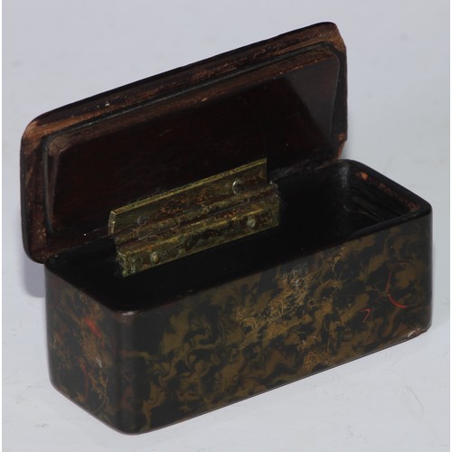 1289 - A 19th century papier mache rectangular snuff box, hinged cover applied with a gilt metal fox, ruby ... 