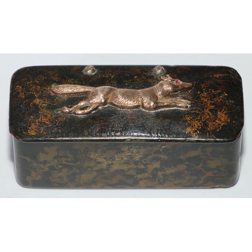 1289 - A 19th century papier mache rectangular snuff box, hinged cover applied with a gilt metal fox, ruby ... 