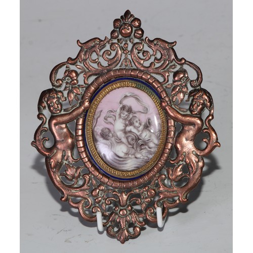 1250 - A 19th century enamel plaque, painted en-grisaille with frolicking putti, on a pink ground, Baroque ... 