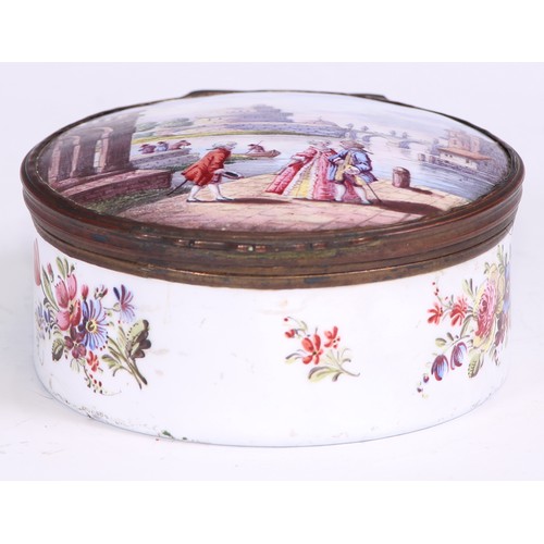 1281 - A large George III South Staffordshire enamel circular table snuff box, hinged cover painted with a ... 