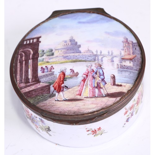 1281 - A large George III South Staffordshire enamel circular table snuff box, hinged cover painted with a ... 