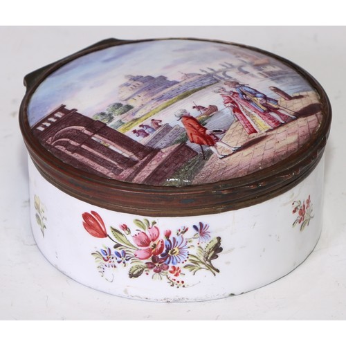 1281 - A large George III South Staffordshire enamel circular table snuff box, hinged cover painted with a ... 