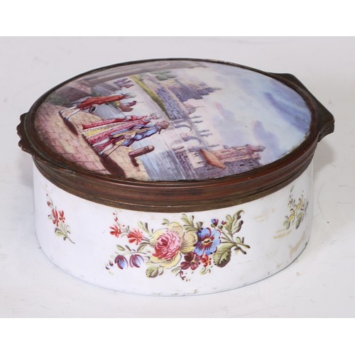 1281 - A large George III South Staffordshire enamel circular table snuff box, hinged cover painted with a ... 