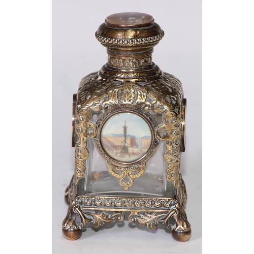 1275 - A French Palais Royal gilt brass scent bottle, the pierced mounts engraved with scrolling foliage an... 