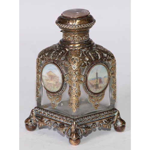 1275 - A French Palais Royal gilt brass scent bottle, the pierced mounts engraved with scrolling foliage an... 