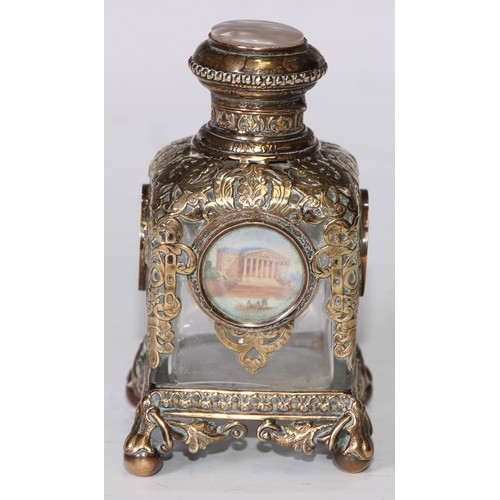 1275 - A French Palais Royal gilt brass scent bottle, the pierced mounts engraved with scrolling foliage an... 