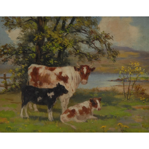 1135 - Andrew Allan (Scottish 1863 - 1942)
Cow and Calves in a Meadow
signed, oil on board, 26.5cm x 34.5cm